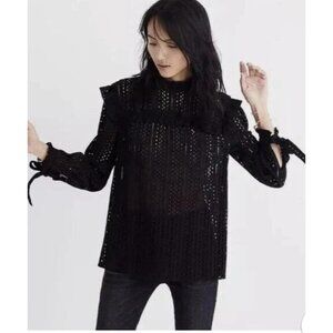 MADEWELL Black‎ Eyelet Ruffle Long Sleeve Tie Mock Neck Blouse Size XS Solid